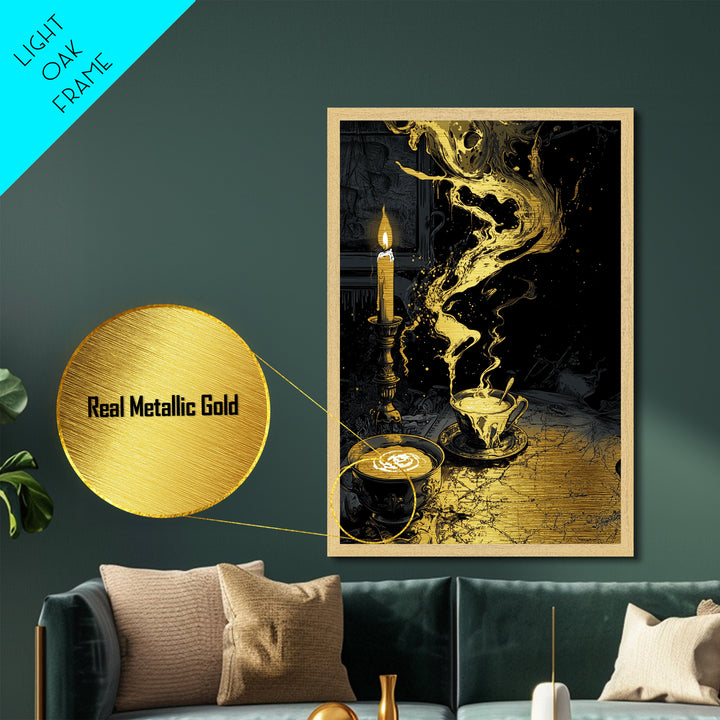 Witchy Candle and Coffee Metallic Gold Art Metal Art Haunted Gothic Wall Art in Real Wood Frame Spooky Season Halloween Decor