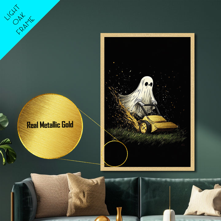 Ghost Mowing the Lawn Metallic Gold Art Metal Art Creepy Cute Halloween Wall Hanging Framed with Natural Wood Spooky Home Print