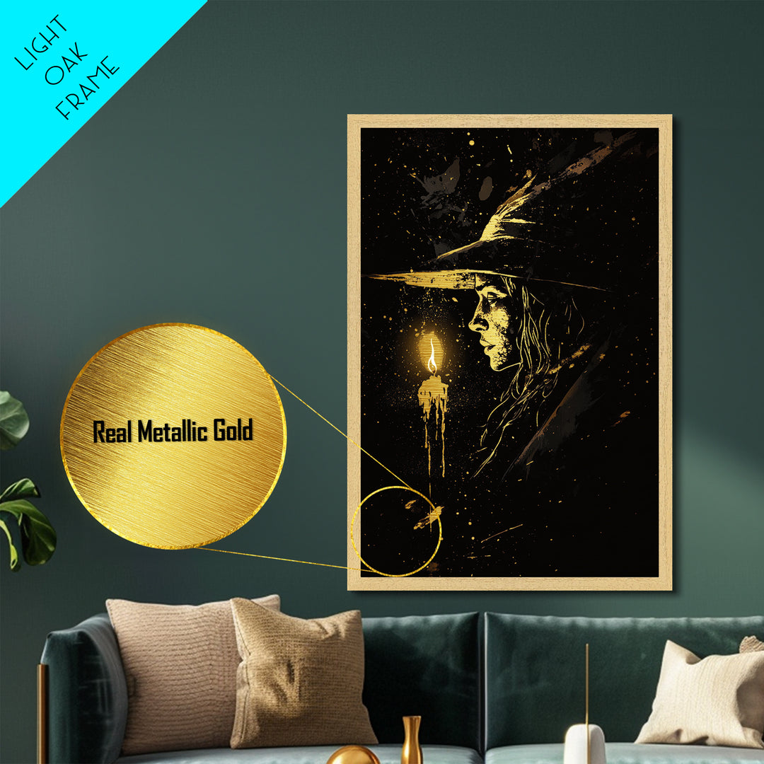 Metallic Gold Art Witch Candle Portrait | Spooky Halloween Wall Art | Metal Art with Real Wood Frame