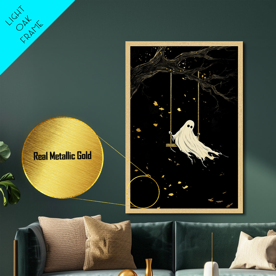 Lonely Ghost on Swing Metallic Gold Art Metal Art Spooky Haunted Wall Decor in Natural Wood Frame Gothic Halloween Season Print