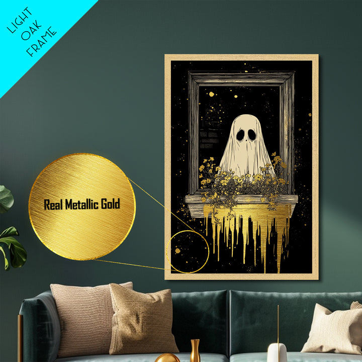 Ghost In Window With Flowers, Metallic Gold Art, Spooky Season Metal Art, Creepy Haunted Wall Print Framed in Natural Wood