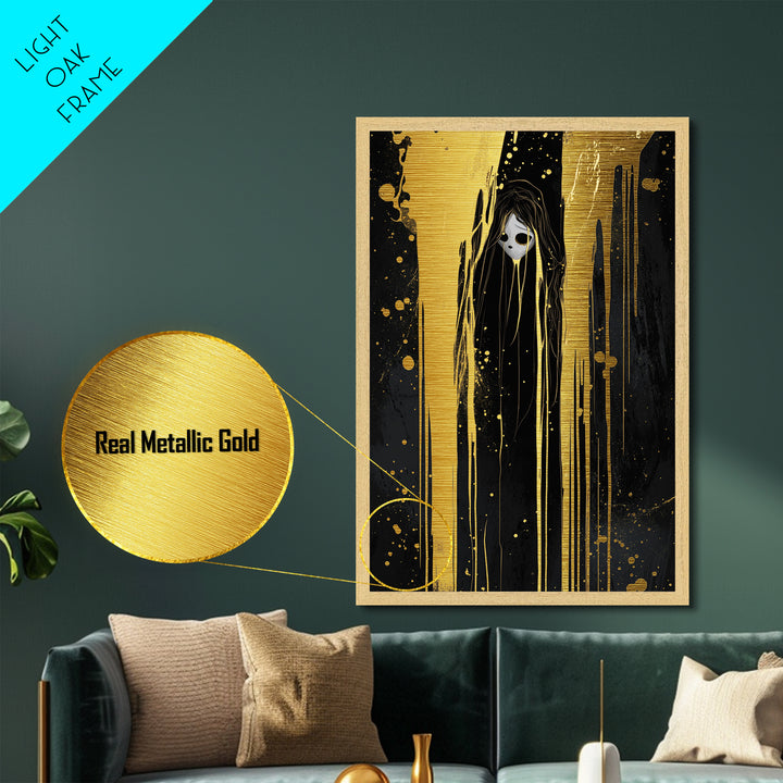 Horror Spirit Dripping Shadows Metallic Gold Art, Gothic Creepy Metal Art, Haunted Season Wall Décor with Real Wood Framing