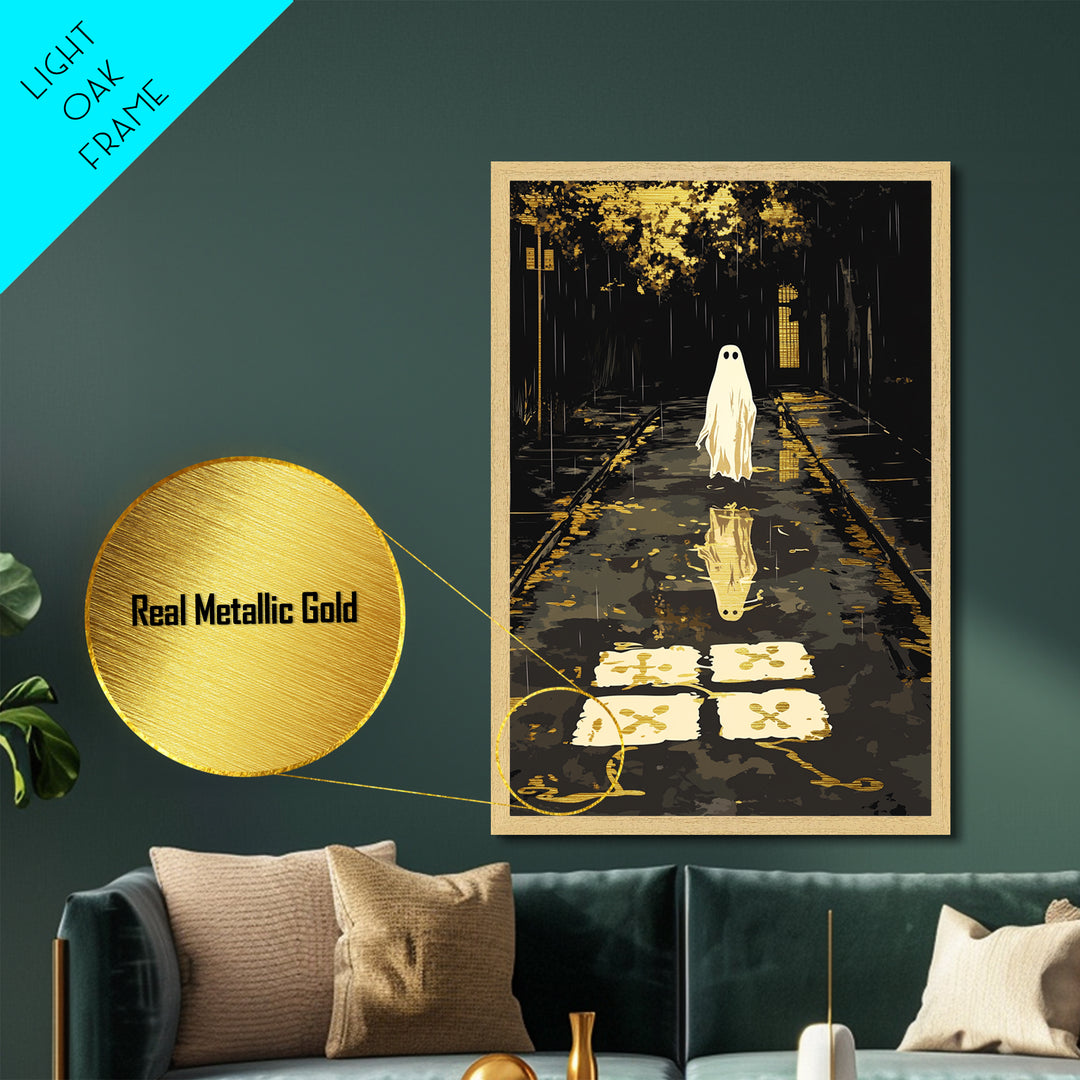 Spooky Ghost Reflection Metallic Gold Art, Haunted Night Metal Art, Halloween Wall Print, Autumn Season Décor in Wood Frame