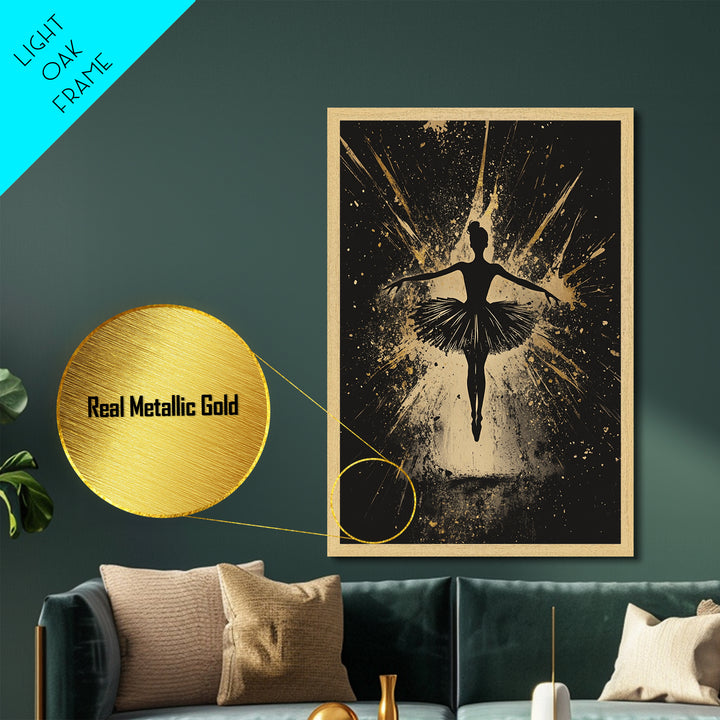 Ballerina In Shadows Metallic Gold Art, Gothic Dance Metal Art, Dark Spooky Season Halloween Wall Print with Real Wood Frame