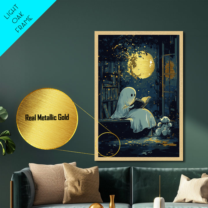 Cute Ghost Reading Under Moon, Metallic Gold Art, Whimsical Spooky Season Metal Art, Halloween Wall Print in Wooden Frame