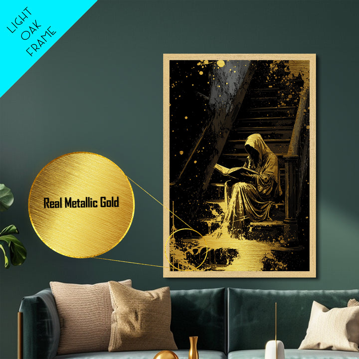 Hooded Reader On Stairs Metallic Gold Art, Haunted Gothic Metal Art, Spooky Horror Season Wall Décor with Real Wood Framing