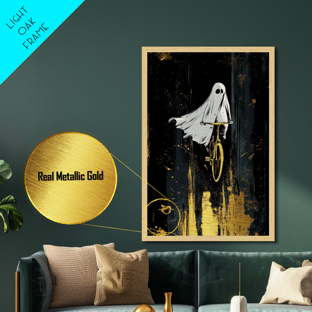 Playful Ghost On Bicycle Metallic Gold Art, Creepy Cute Metal Art, Halloween Haunted Season Wall Print Framed in Natural Wood