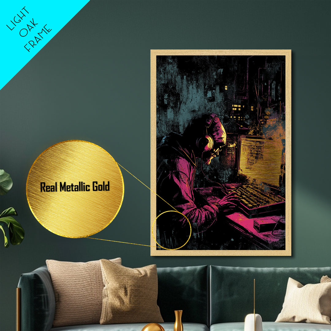 Cyberpunk Hacker Metallic Gold Art | Spooky Halloween Tech Wall Decor | Metal Art in Real Wood Frame
