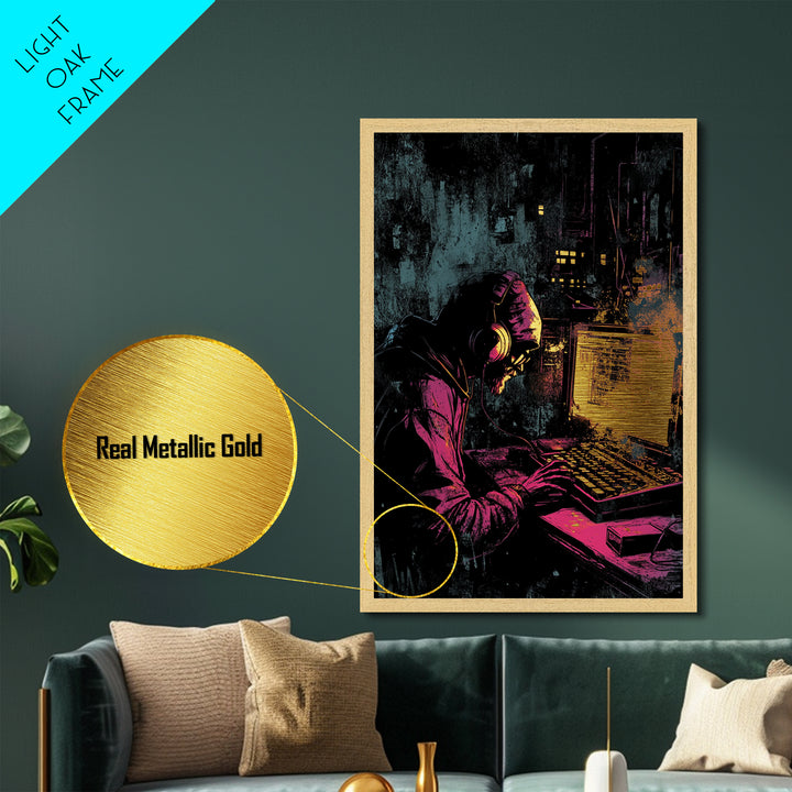 Cyberpunk Hacker Metallic Gold Art | Spooky Halloween Tech Wall Decor | Metal Art in Real Wood Frame