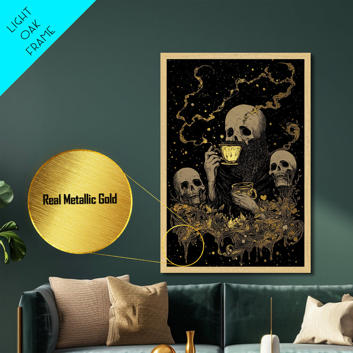 Gothic Skeleton Tea Party Metallic Gold Art | Spooky Skull Metal Art Framed In Natural Wood For Haunted Halloween Decor