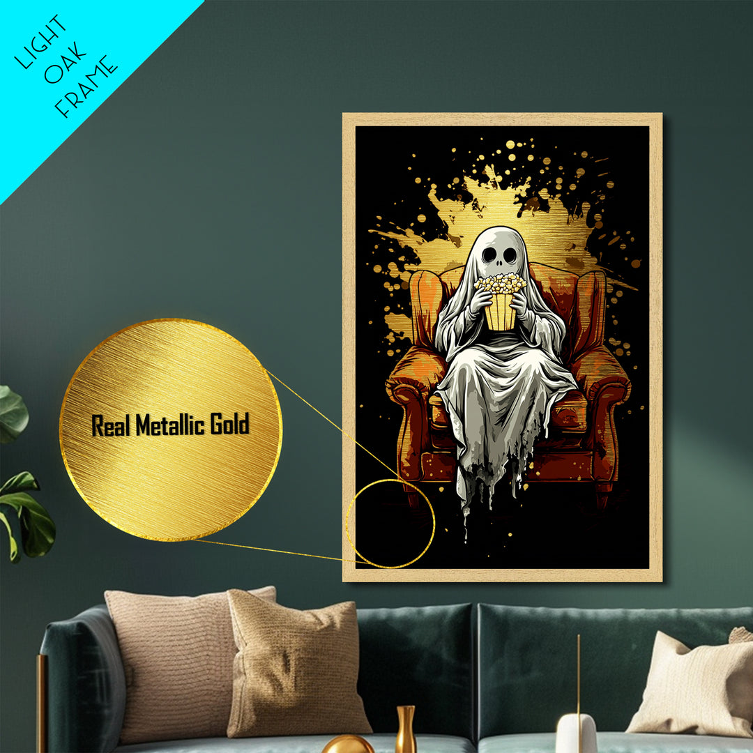 Cozy Ghost On Couch With Popcorn Metallic Gold Art | Spooky Movie Night Metal Art With Real Wood Frame For Halloween