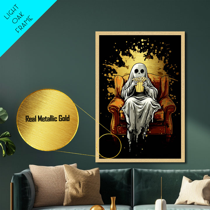 Cozy Ghost On Couch With Popcorn Metallic Gold Art | Spooky Movie Night Metal Art With Real Wood Frame For Halloween