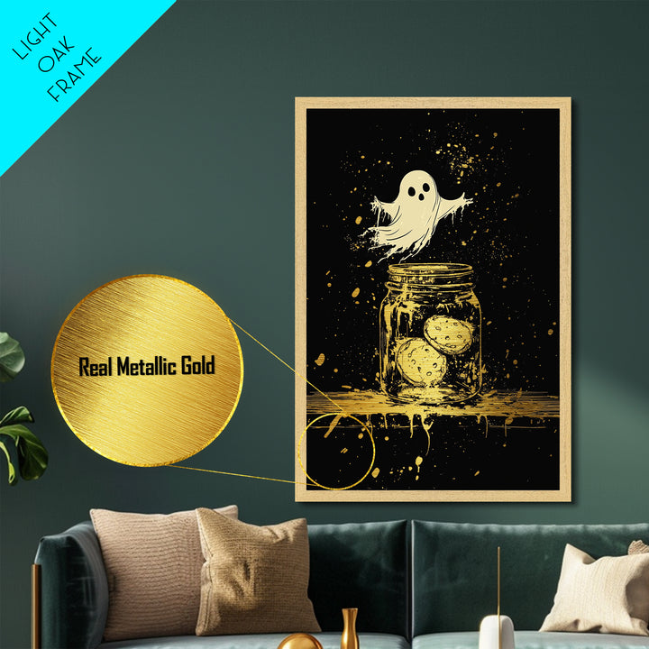 Haunted Cookie Jar Metallic Gold Art | Cute Ghost Metal Art Wall Decor In Rustic Real Wood Frame For Spooky Season