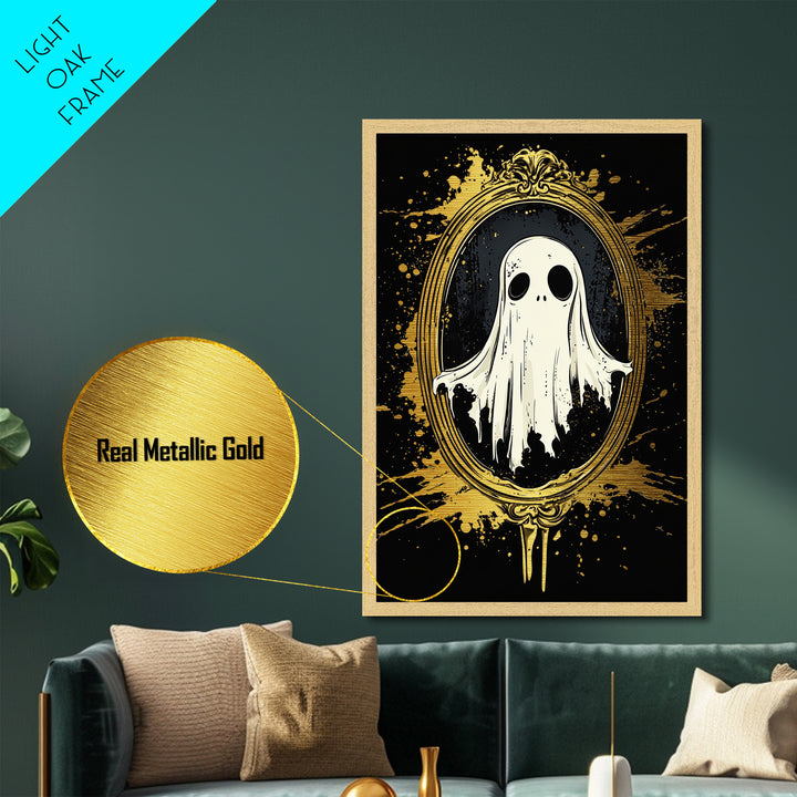 Haunted Mirror Metallic Gold Art | Gothic Ghost Metal Art Framed In Solid Real Wood For Spooky Season Wall Decor