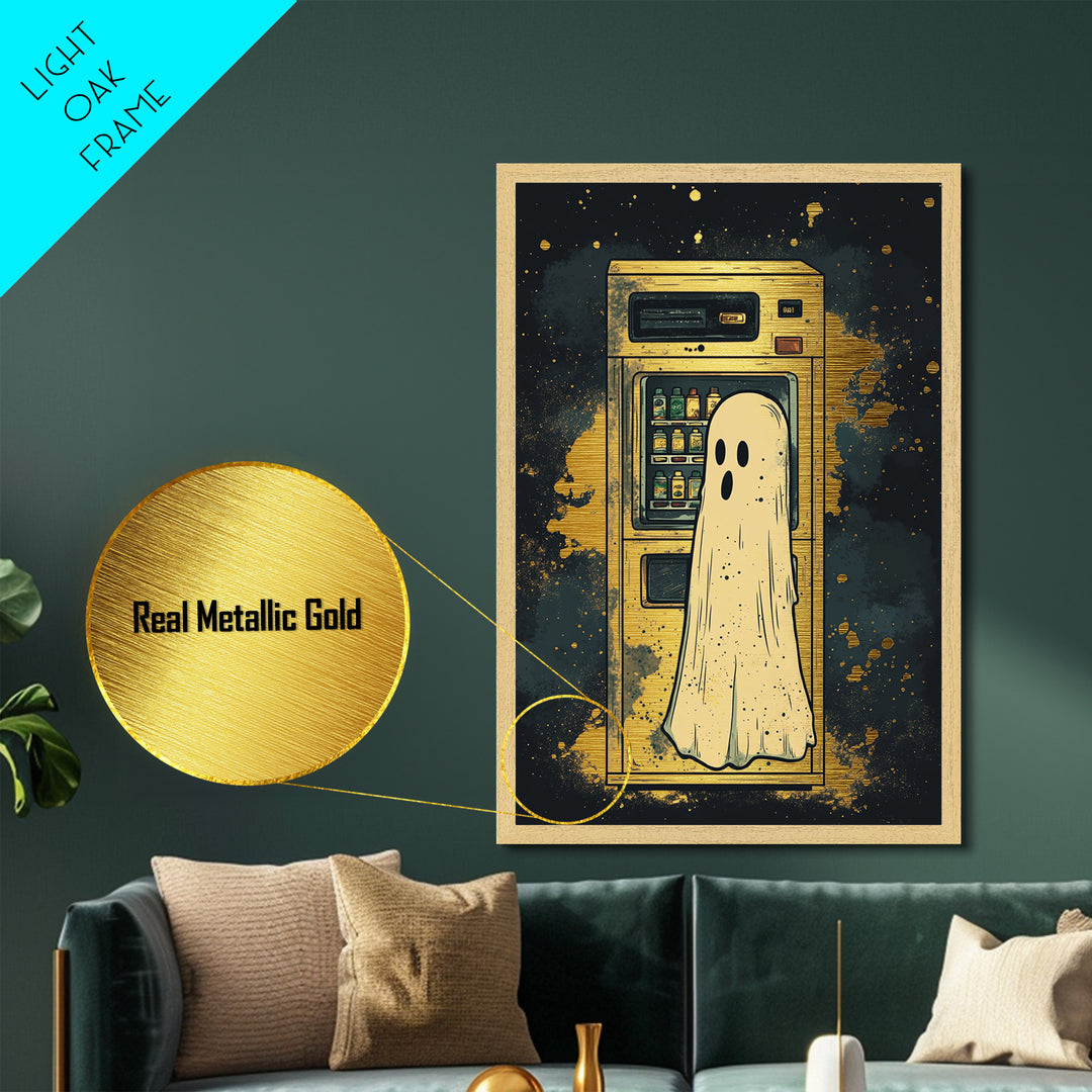 Ghost At Vending Machine Metallic Gold Art | Quirky Haunted Metal Art Spooky Season Wall Hanging In Real Wood Frame