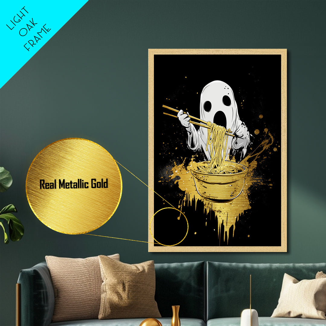 Creepy Ghost Eating Ramen Metallic Gold Art | Haunted Kitchen Metal Art Wall Decor With Real Wood Frame For Halloween