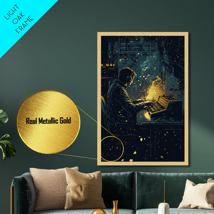 Haunted Musician Metallic Gold Art | Spooky Candlelight Halloween Wall Decor | Metal Art with Real Wood Frame