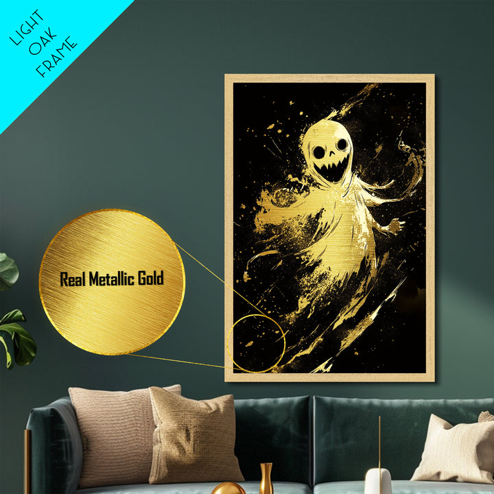 Sinister Smiling Spirit Metallic Gold Art | Horror Ghost Metal Art Framed In Authentic Real Wood For Spooky Season
