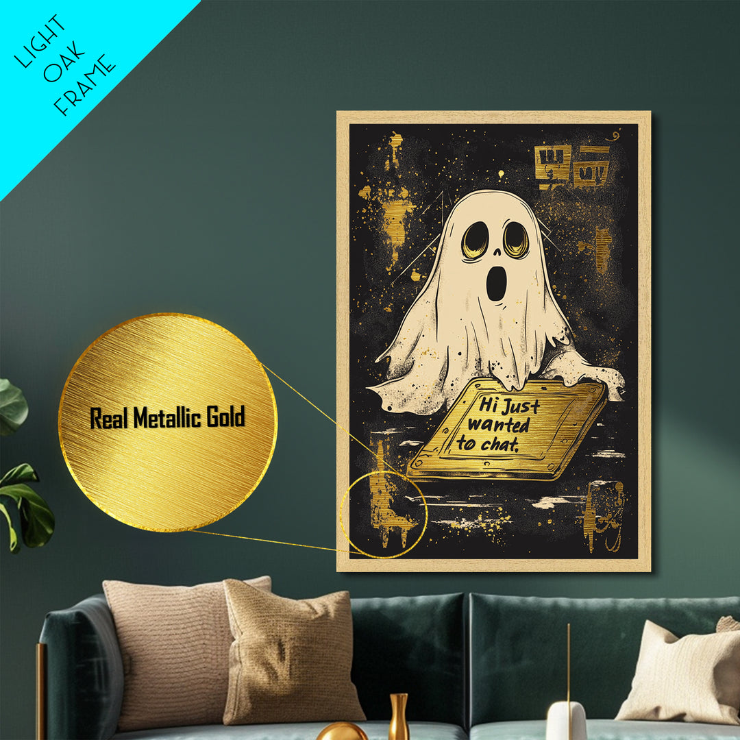 Spooky Ghost Greeting Metallic Gold Art, Gothic Metal Art Wall Décor with Natural Wood Frame for Halloween Haunted Home