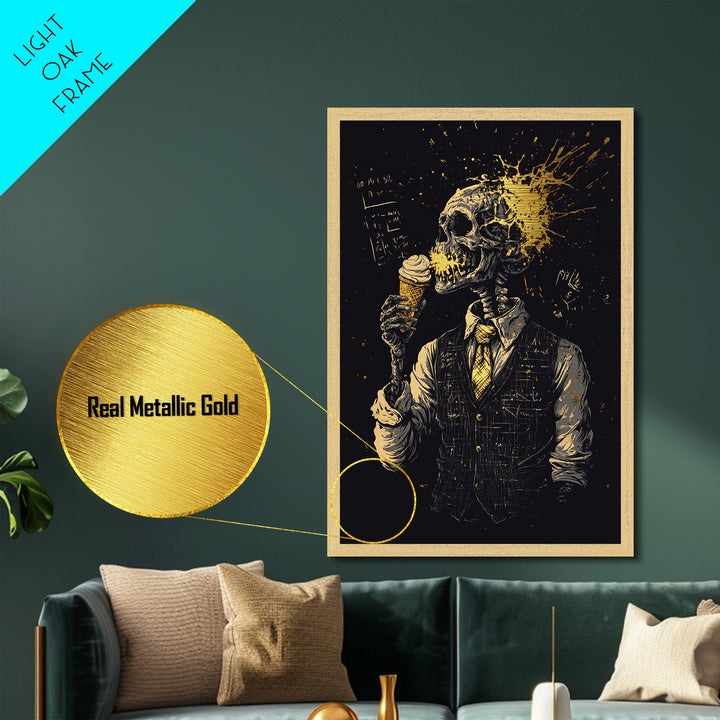 Skeleton with Ice Cream Metallic Gold Art, Creepy Metal Art Illustration Framed in Real Wood, Spooky Season Wall Décor