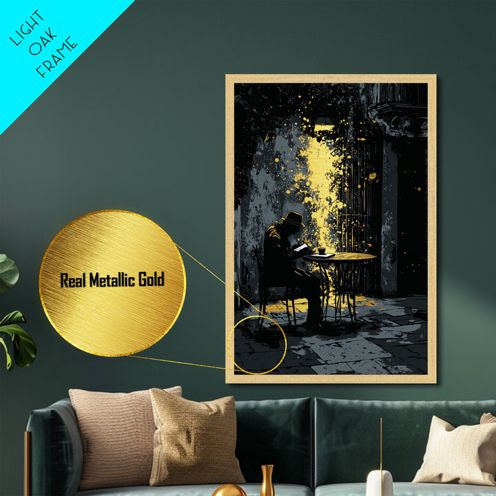 Mysterious Reader in Alley Metallic Gold Art, Spooky Metal Art Scene with Real Wood Framed Gothic Halloween Illustration