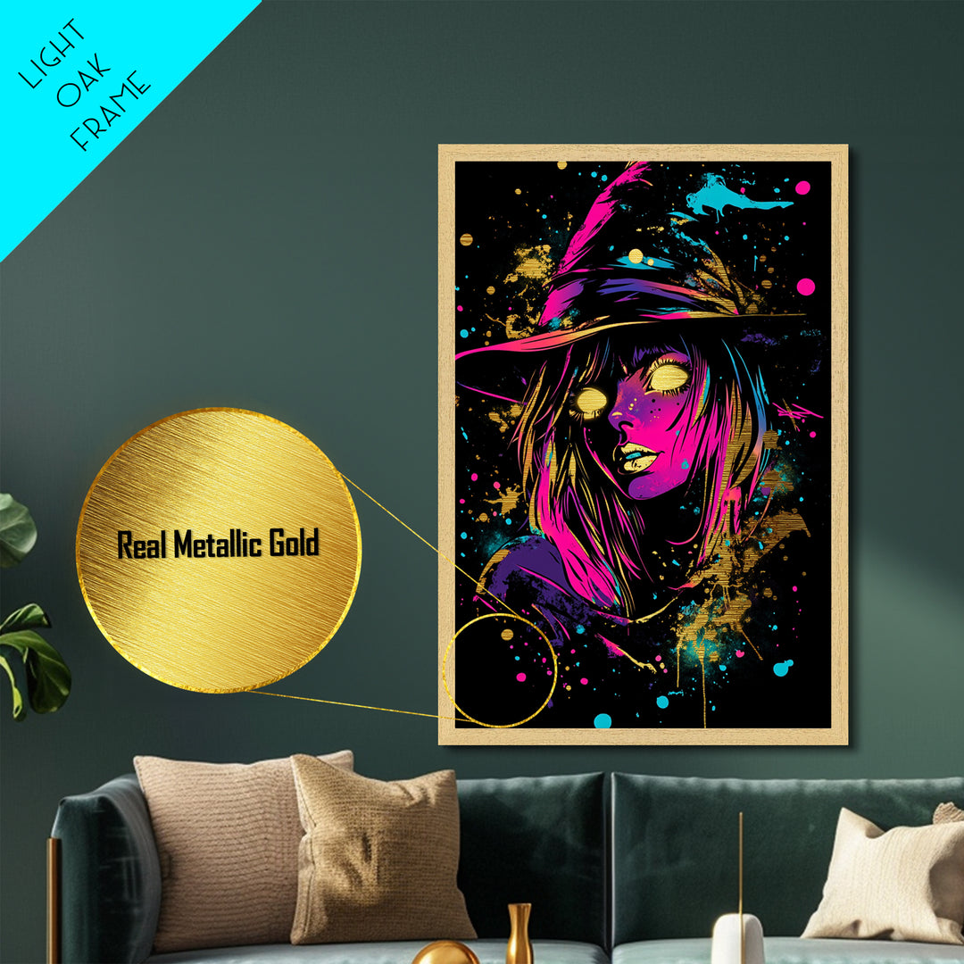 Neon Witch Metallic Gold Art | Vibrant Spooky Halloween Wall Art | Metal Art Glow Effect in Real Wood Frame