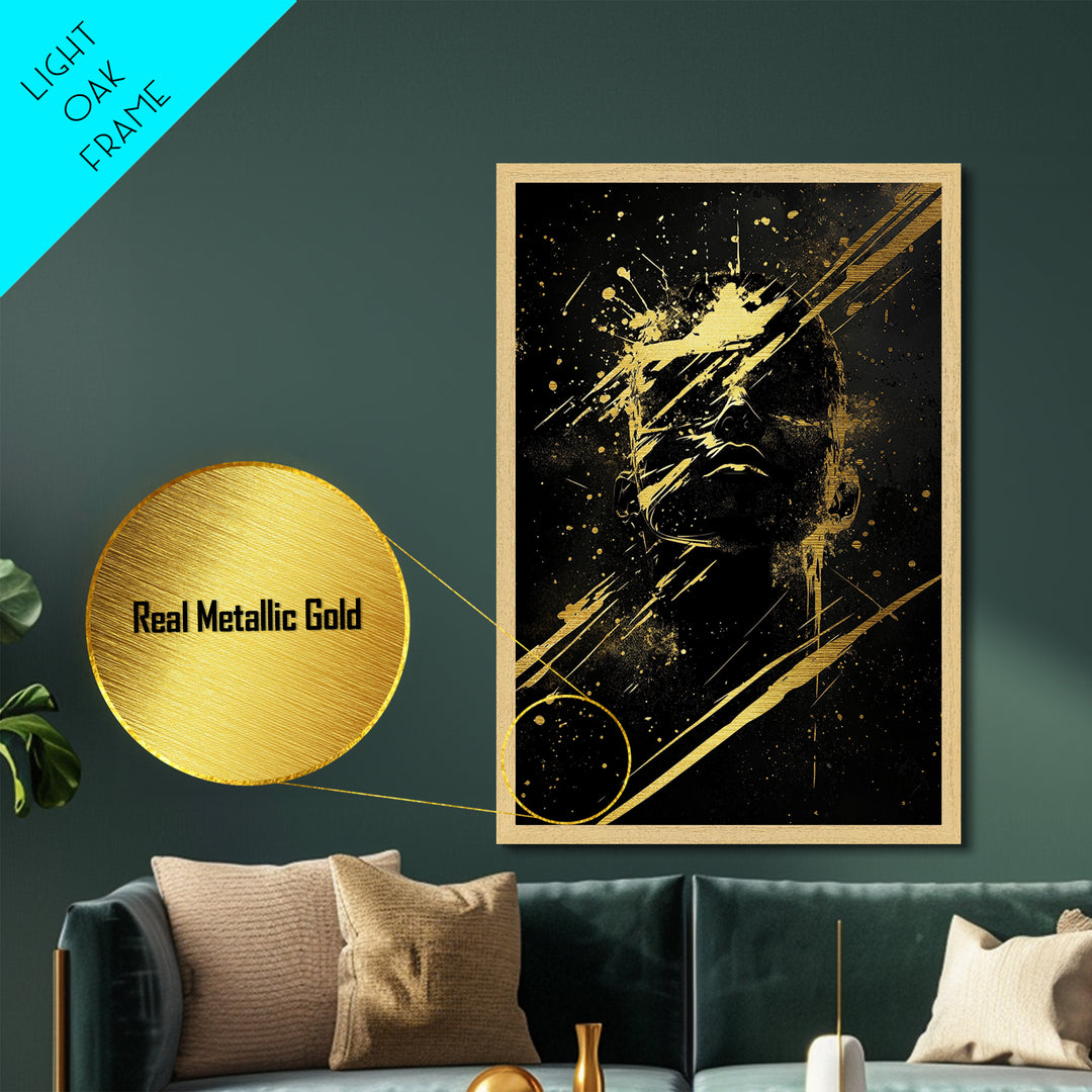 Haunted Silhouette Metallic Gold Art, Dark Gothic Spooky Metal Art Halloween Wall Print, Framed Horror Decor in Natural Wood