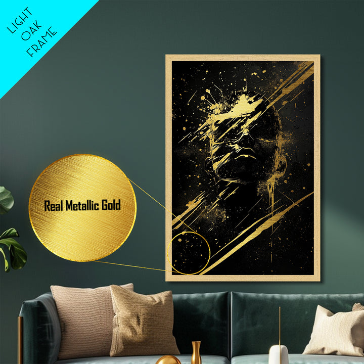 Haunted Silhouette Metallic Gold Art, Dark Gothic Spooky Metal Art Halloween Wall Print, Framed Horror Decor in Natural Wood