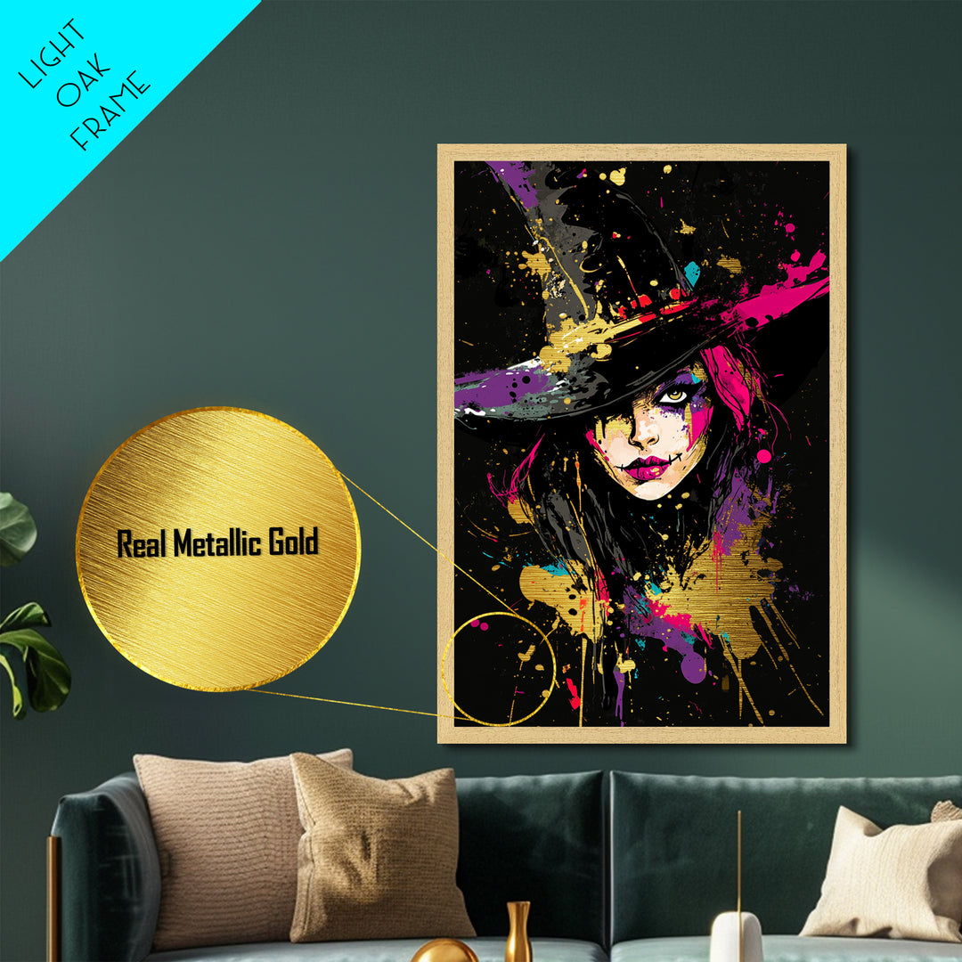 Creepy Witch Face Metallic Gold Art | Spooky Splatter Halloween Wall Decor | Metal Art in Real Wood Frame