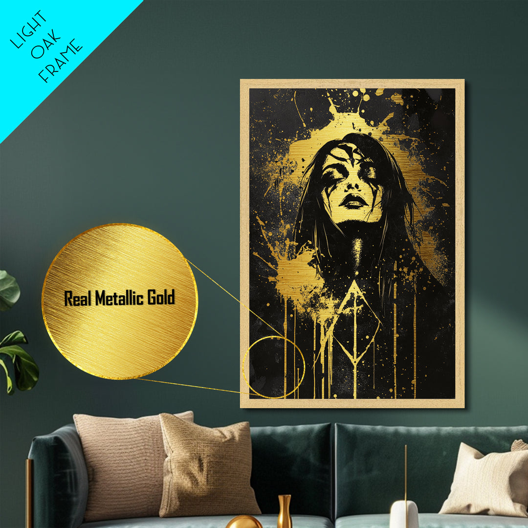 Haunted Sorceress Portrait Metal Art – Metallic Gold Art Halloween Wall Hanging, Gothic Style, Mounted in Natural Wood Frame
