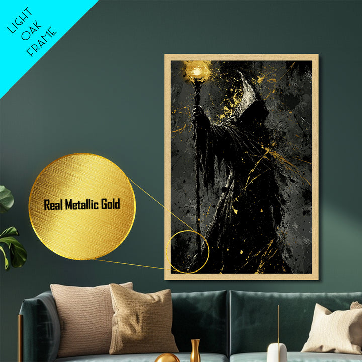 Dark Wizard Silhouette Metal Art – Metallic Gold Art Spooky Gothic Decor, Halloween Wall Print with Real Wood Frame