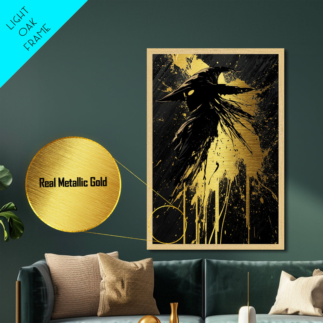 Mystical Plague Doctor Mask Metallic Gold Art – Spooky Season Metal Art Gothic Halloween Wall Print, Framed in Authentic Wood