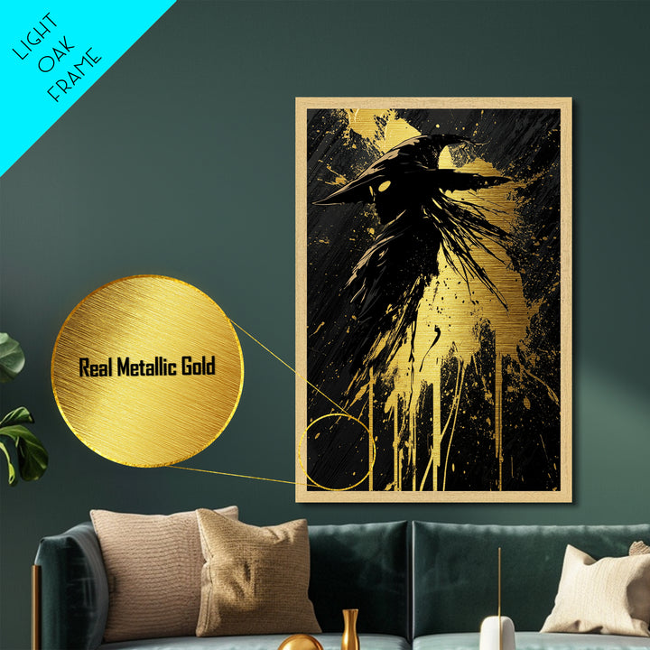 Mystical Plague Doctor Mask Metallic Gold Art – Spooky Season Metal Art Gothic Halloween Wall Print, Framed in Authentic Wood