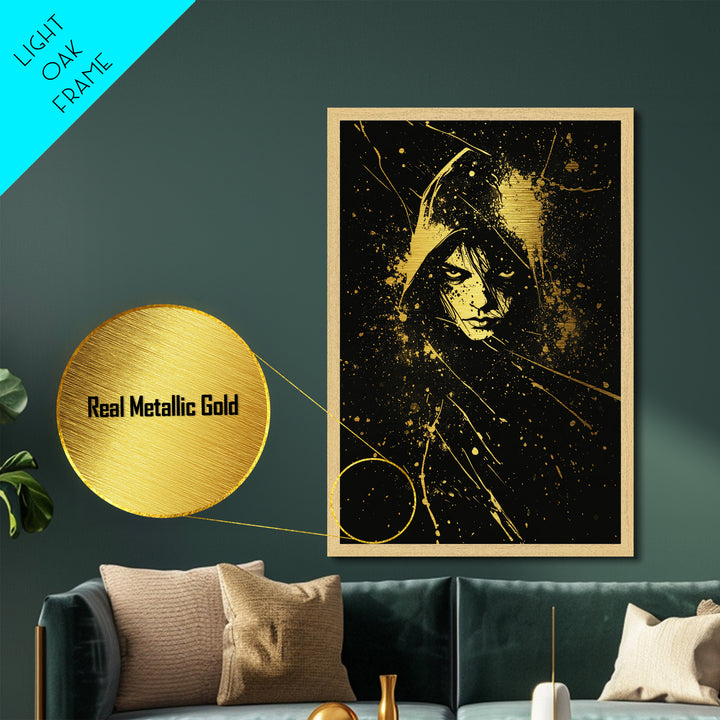 Eerie Hooded Figure Metallic Gold Art – Haunted Season Metal Art Gothic Halloween Wall Print, Natural Wood Frame Included