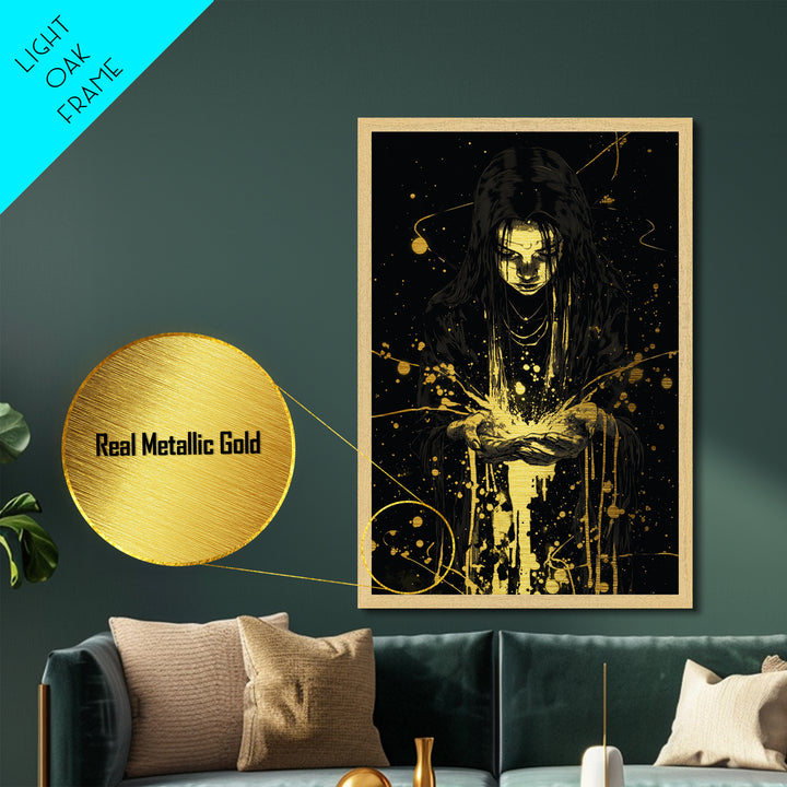 Mystic Sorceress Hands Metallic Gold Art – Halloween Metal Art Print with Glowing Magic, Spooky Wall Hanging in Wood Frame