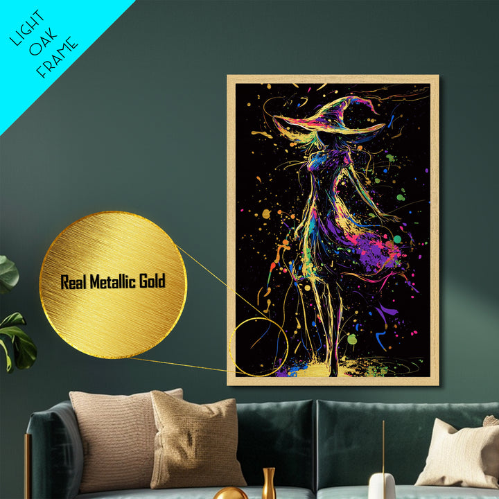 Mystical Witch Silhouette Metallic Gold Art | Spooky Halloween Wall Art | Metal Art with Real Wood Frame