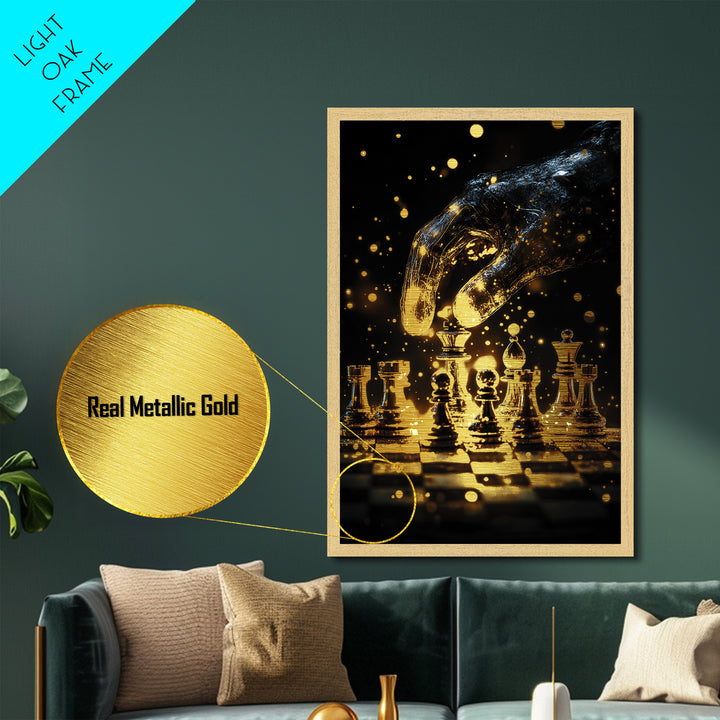 Mystic Chessboard Hand Metallic Gold Art, Haunted Gothic Metal Art With Real Wood Framing, Spooky Halloween Decor For Home