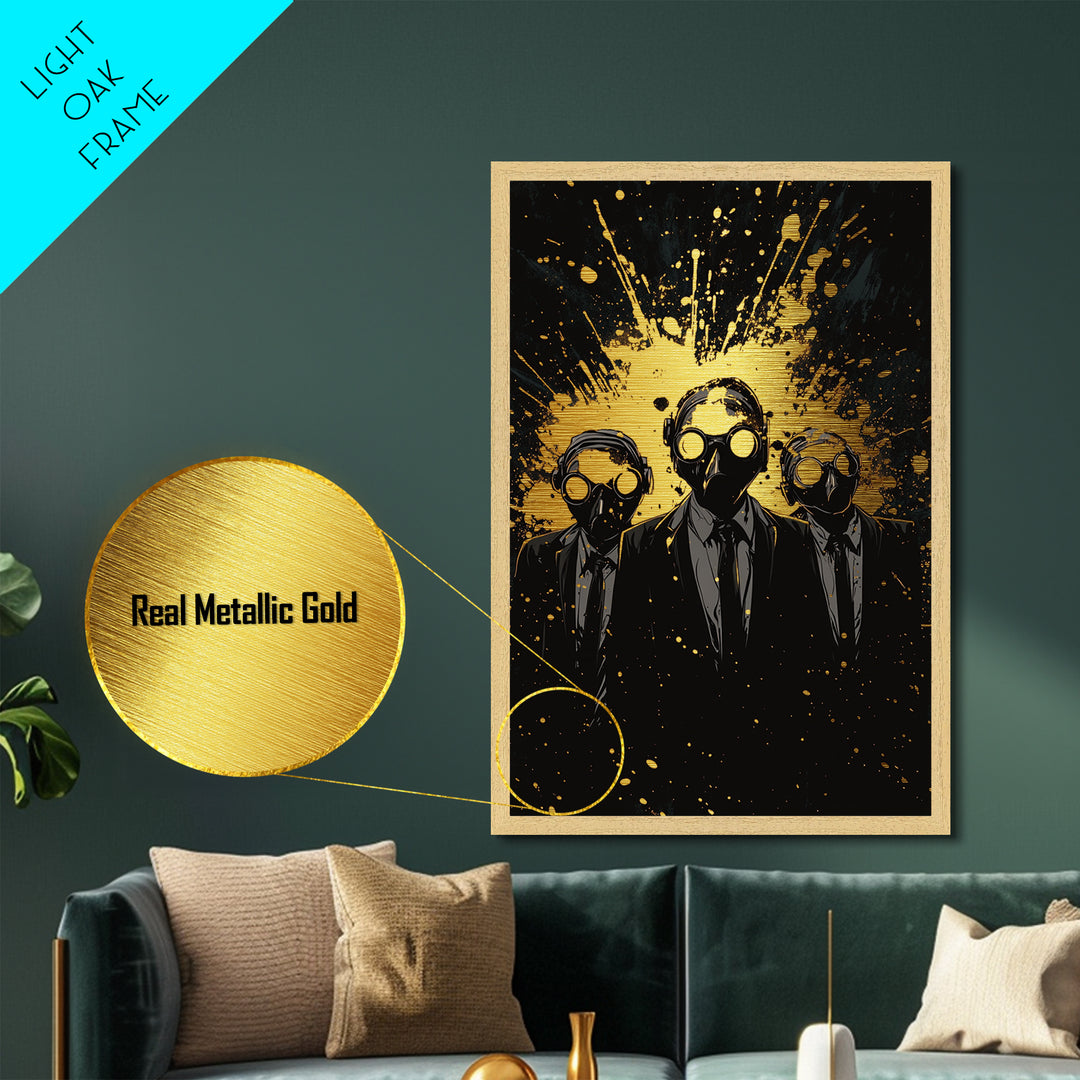 Sinister Trio In Gas Masks Metallic Gold Art, Horror Gothic Metal Art With Real Wood Frame, Creepy Halloween Spooky Wall Art