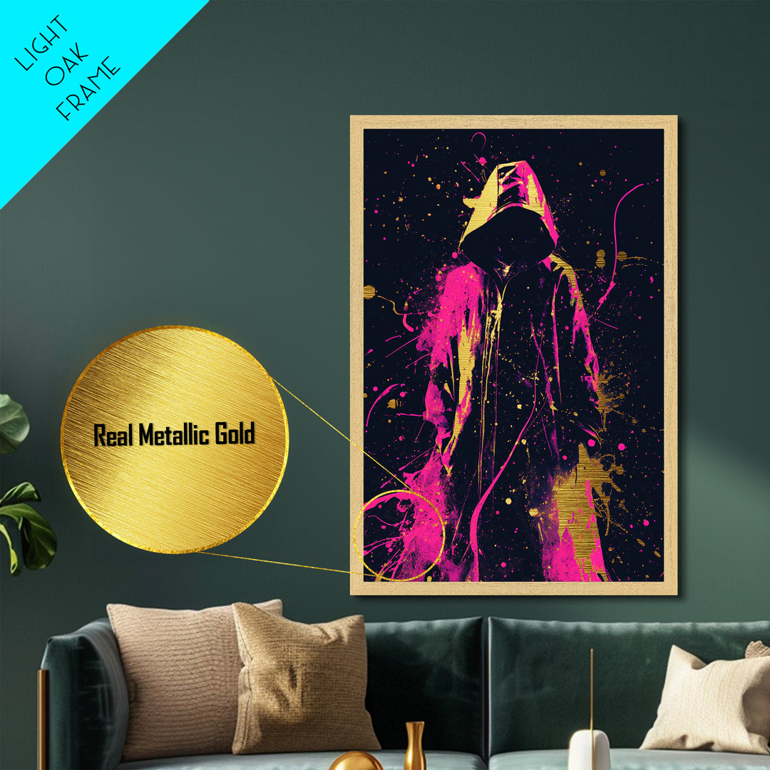 Neon Hooded Phantom Metallic Gold Art, Gothic Spooky Season Metal Art With Real Wood Frame, Haunted Halloween Wall Decoration