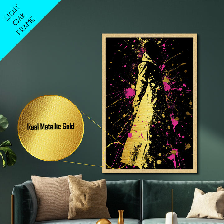Vivid Cloaked Shadow Metallic Gold Art, Horror Gothic Halloween Metal Art Framed In Real Wood, Creepy Spooky Season Artwork