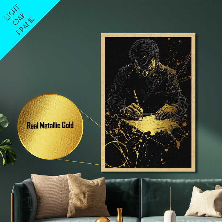 Haunted Writer At Desk Metallic Gold Art, Gothic Horror Halloween Metal Art In Real Wood Frame, Spooky Season Wall Decoration