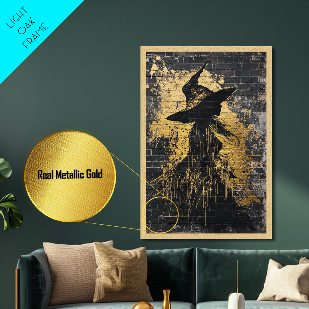 Witch Graffiti Metallic Gold Art | Spooky Halloween Street Style Wall Decor | Metal Art in Real Wood Frame