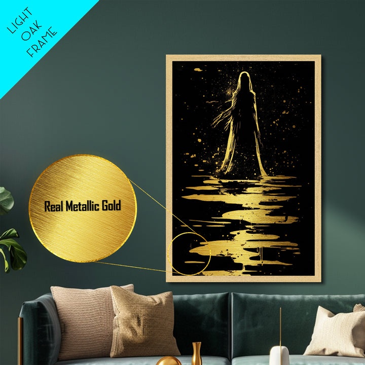 Haunted Silhouette Metallic Gold Art, Spooky Season Wall Decor, Gothic Horror Metal Art Framed in Real Wood
