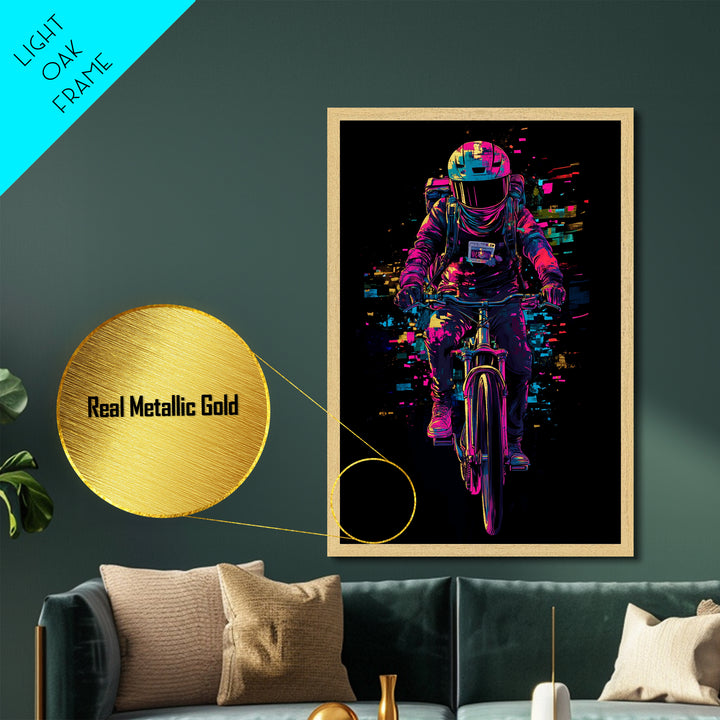 Witchy Rider Metallic Gold Art, Vibrant Spooky Season Metal Art Halloween Bicycle Print in Natural Wood Frame