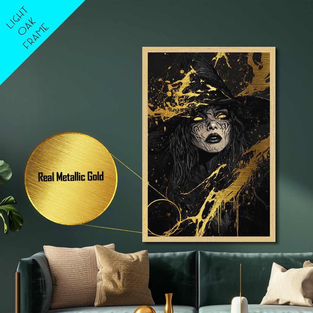 Dark Sorceress Metallic Gold Art, Witchy Halloween Metal Art with Gothic Vibes, Framed in Real Wood