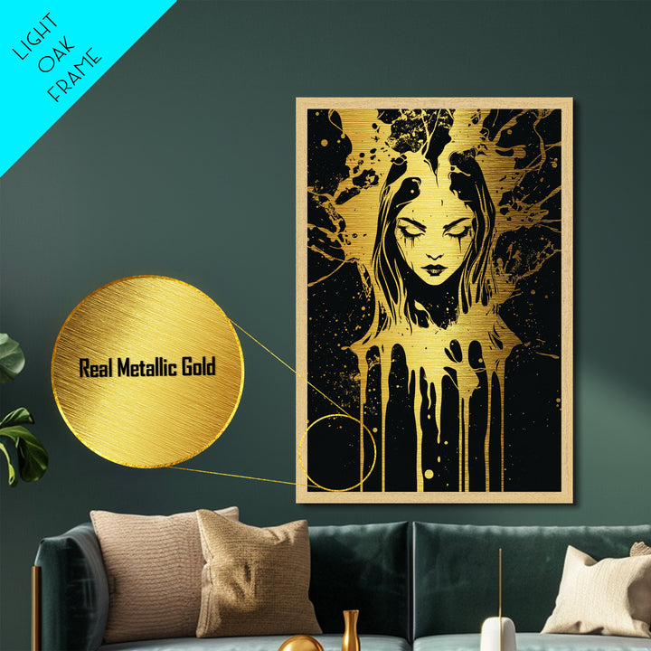 Dripping Phantom Metallic Gold Art, Spooky Season Creepy Horror Portrait, Metal Art with Real Wood Frame