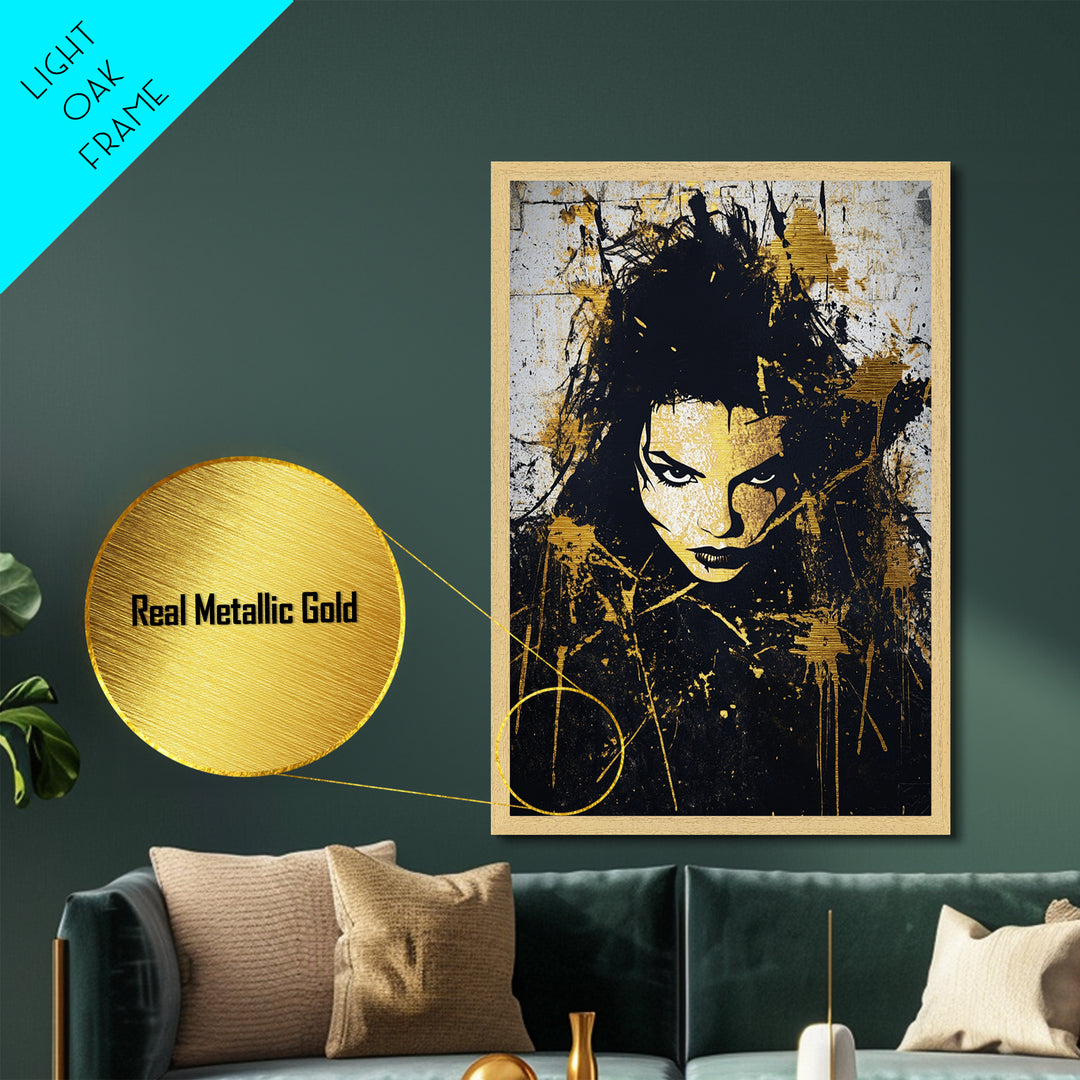 Haunted Graffiti Face Metallic Gold Art, Gothic Halloween Wall Decor, Horror Metal Art Portrait in Natural Wood Frame