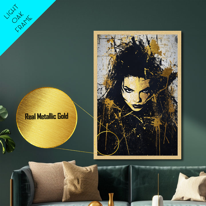 Haunted Graffiti Face Metallic Gold Art, Gothic Halloween Wall Decor, Horror Metal Art Portrait in Natural Wood Frame
