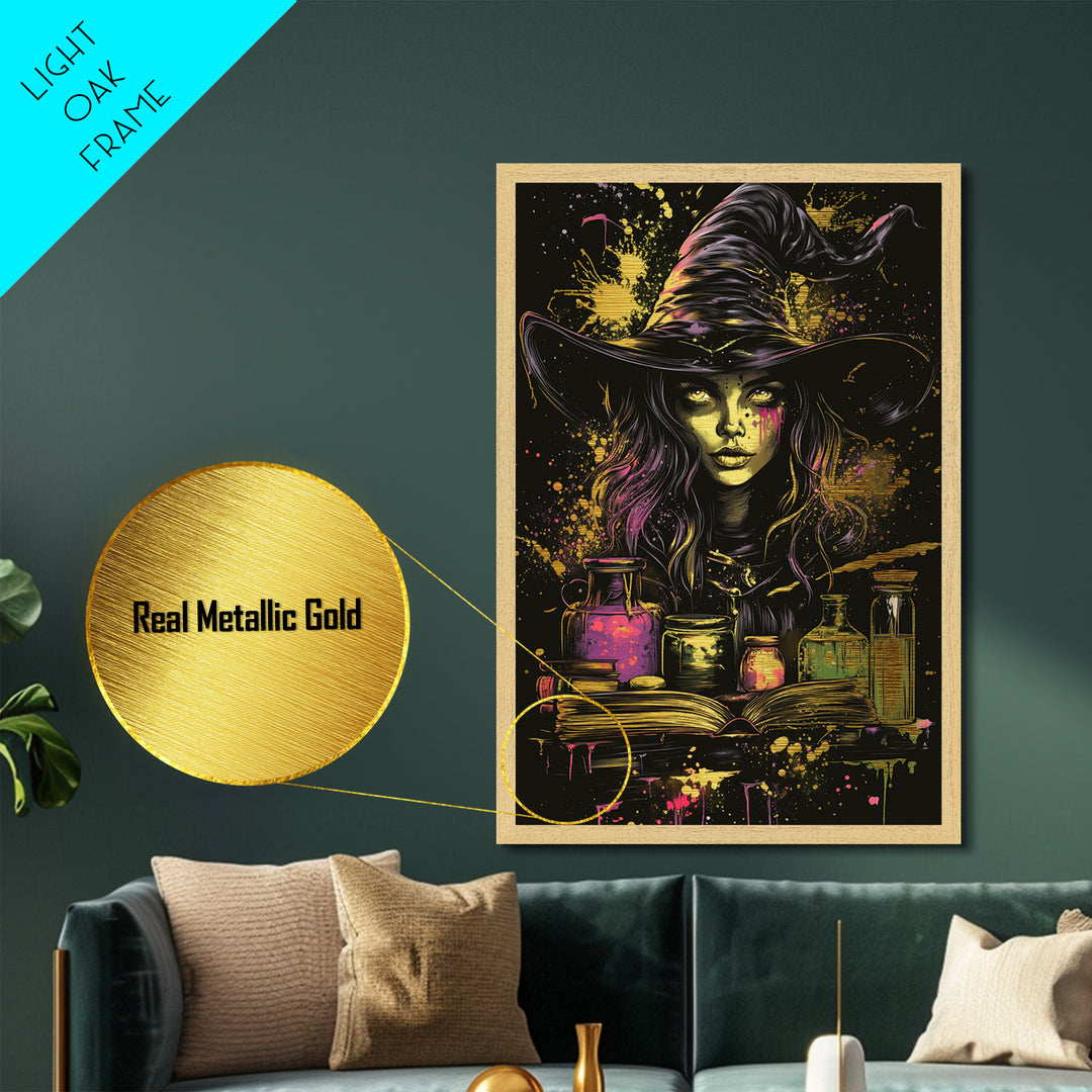 Witchcraft Alchemy Metallic Gold Art, Gothic Halloween Potion Bottles Metal Art Decor, Real Wood Frame Included