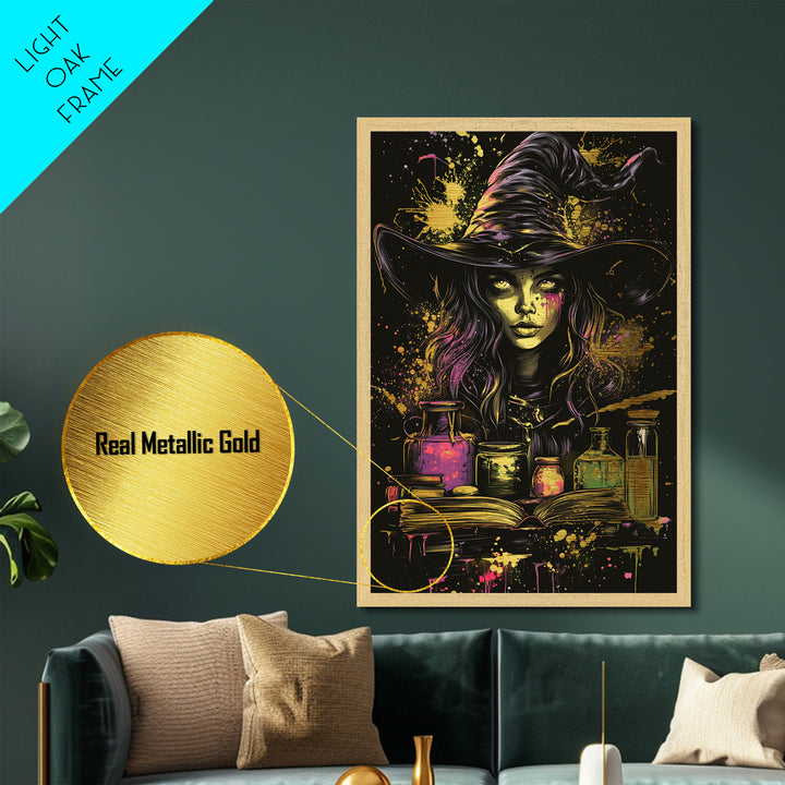 Witchcraft Alchemy Metallic Gold Art, Gothic Halloween Potion Bottles Metal Art Decor, Real Wood Frame Included